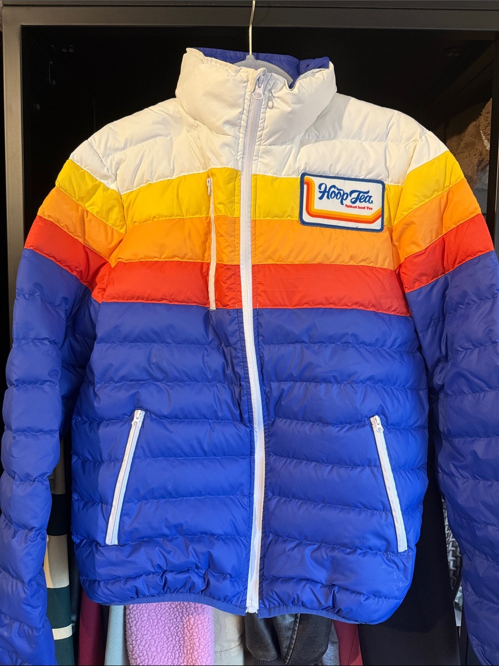 Hoop Tea Retro Rainbow Puffer Jacket - Blue, Red, Orange, Yellow, White